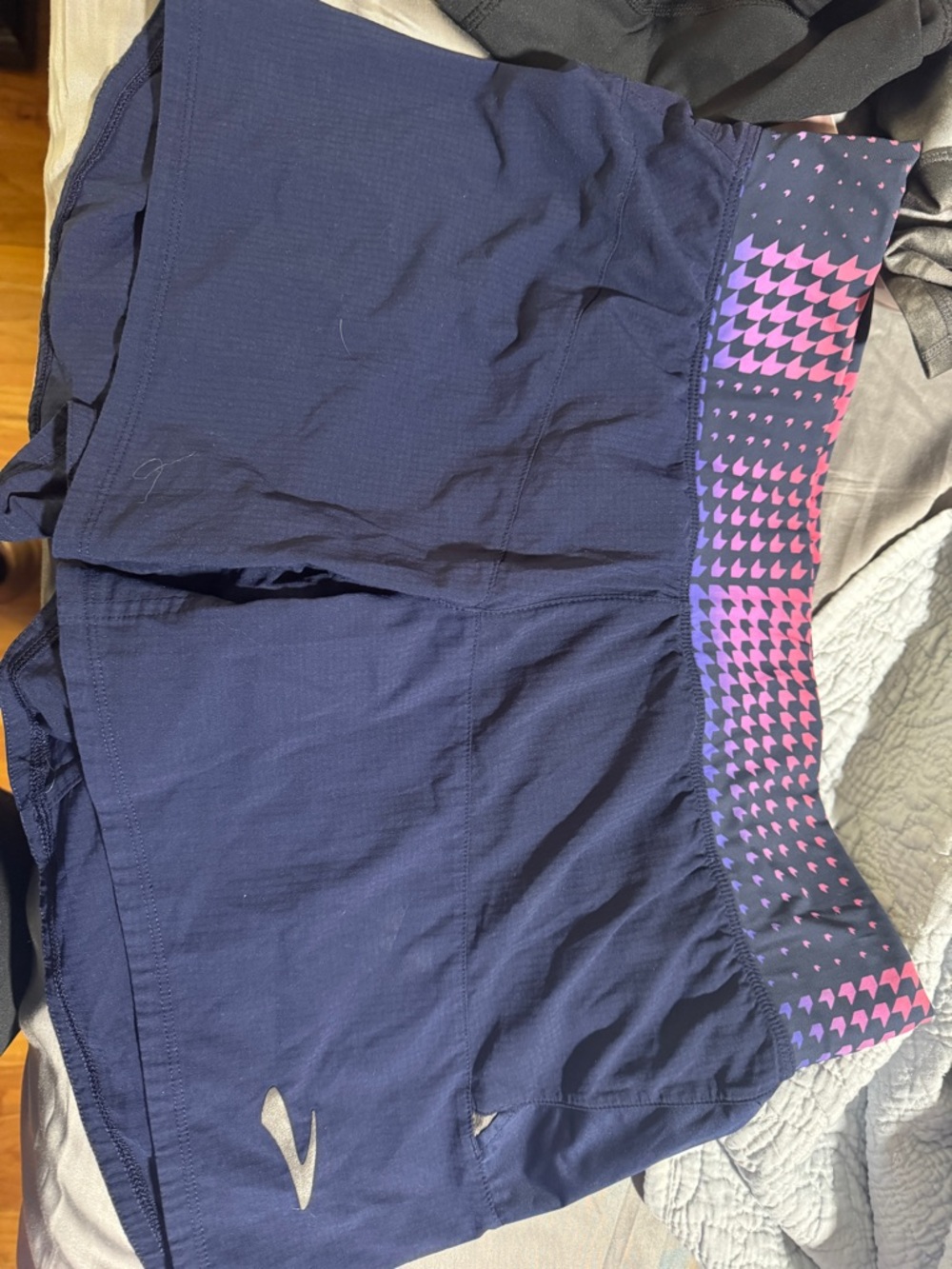 Brooks Women's Navy Athletic Shorts with Pink & Purple Waistband
